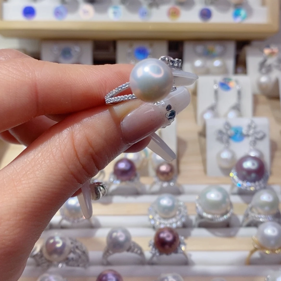 淡水珍珠戒指银S925镶嵌三*草