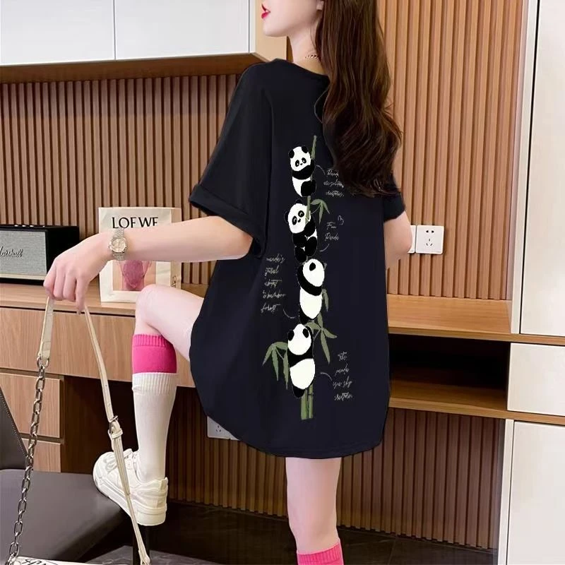 2025夏季100%纯棉短袖t恤女中长款熊猫印花休闲宽松胖MM大码上衣