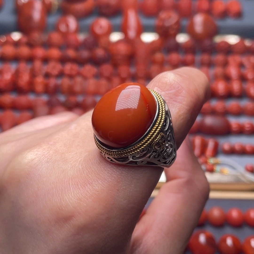 未镶嵌其他南红玛瑙W精品瓦西柿子红满肉男戒