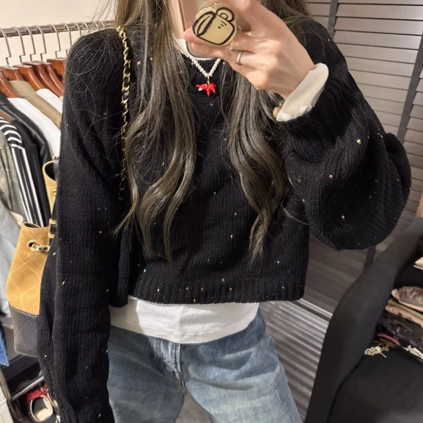 【思含】秋季新款时尚洋气闪闪圆领套头短款毛衣女