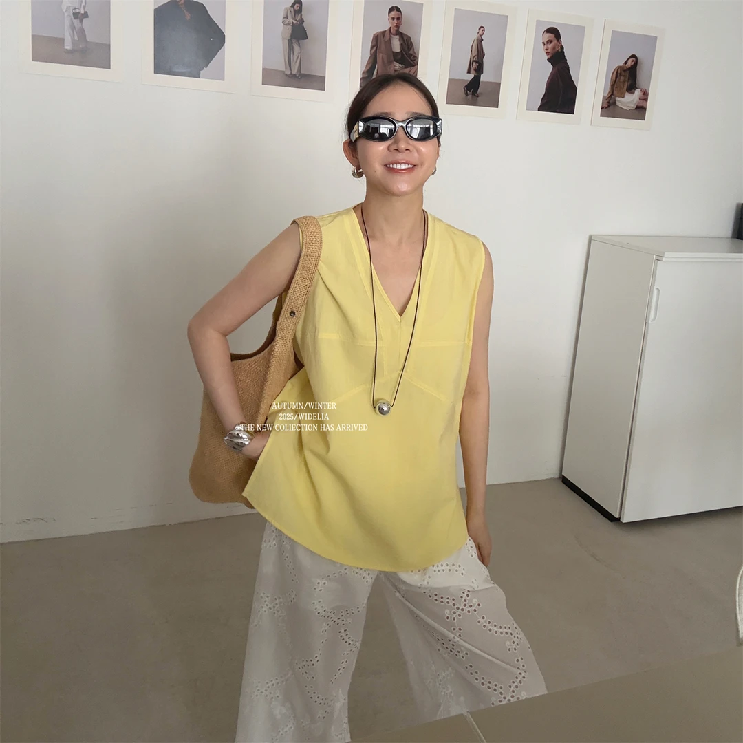 widelia夏季7201韩版V领无袖背心外穿气质显瘦宽松简约休闲上衣