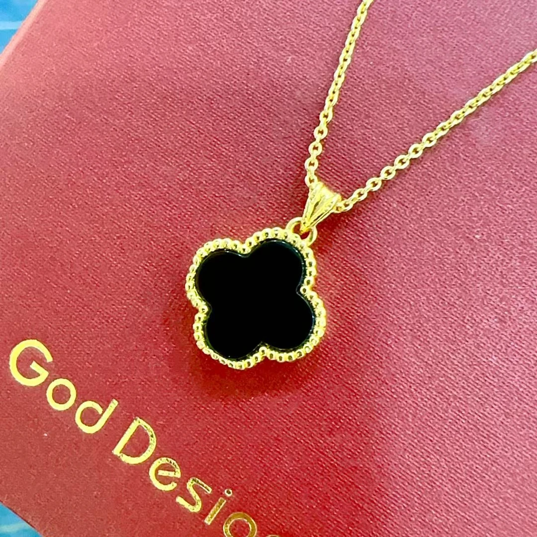 【婷婷专属】18k金15MM黑玛瑙四叶吊坠（赠链） 黑色气质时尚经典