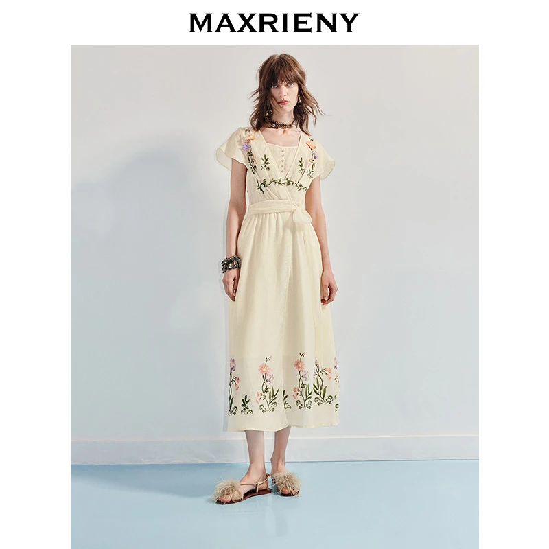 【杨超越同款】MAXRIENY优雅度假风连衣裙25夏款法式田园系带长裙
