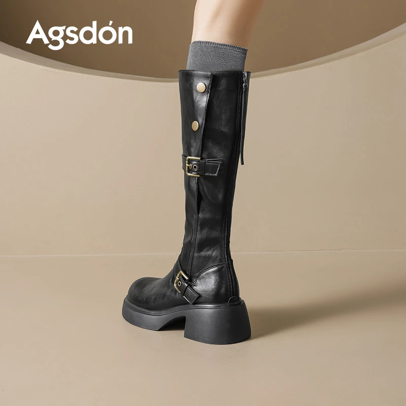m奥古狮登黑色长筒靴女2025新款秋冬季厚底增高美拉德骑士靴女xx
