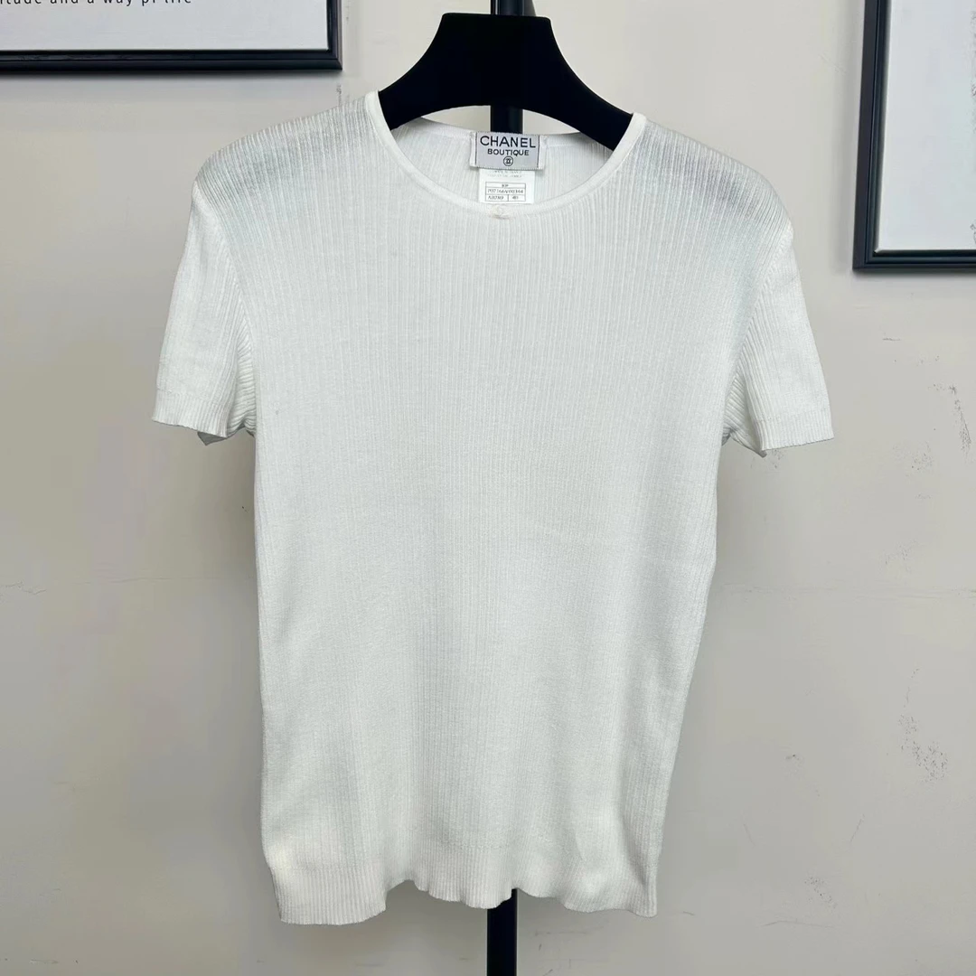 99新 Chanel/香奈儿 白色针织短袖竖条纹 40码