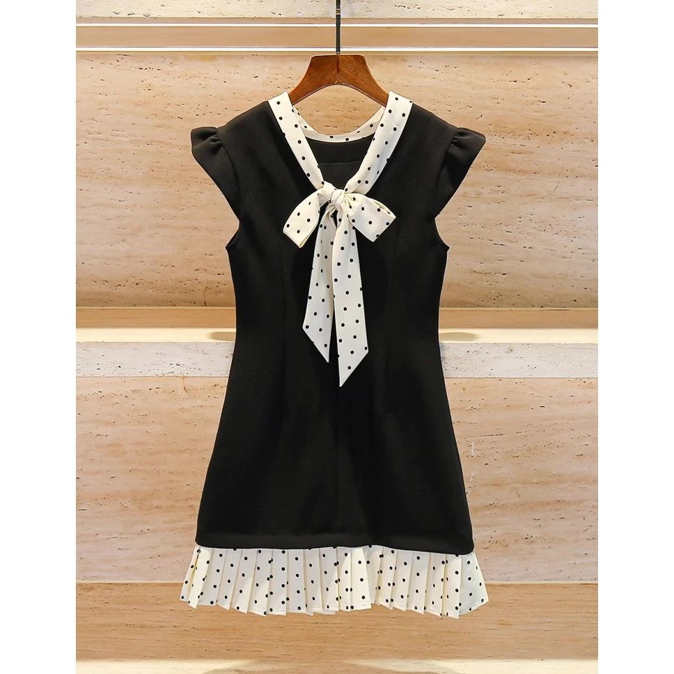 洋气2025女装夏季新款法式复古拼接撞色蝴蝶结波点系带气质百褶裙