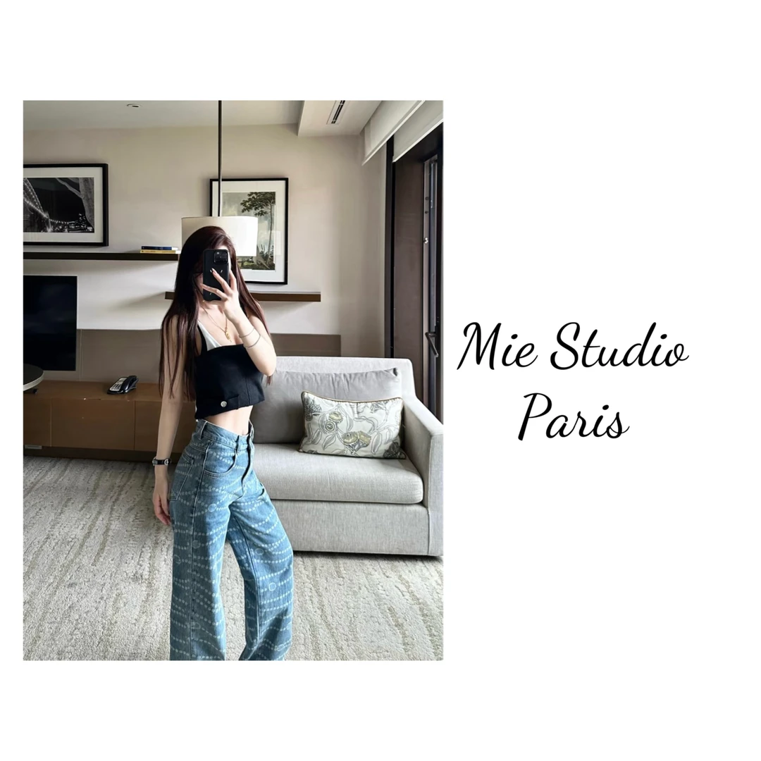 香香波点双C设计直筒牛仔裤（#1387）