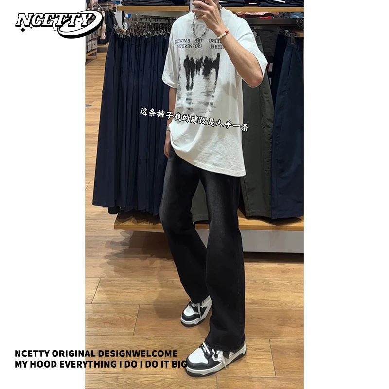 复古黑弹力微喇直筒牛仔裤男款早秋美式高街cleanfit显瘦显腿长裤