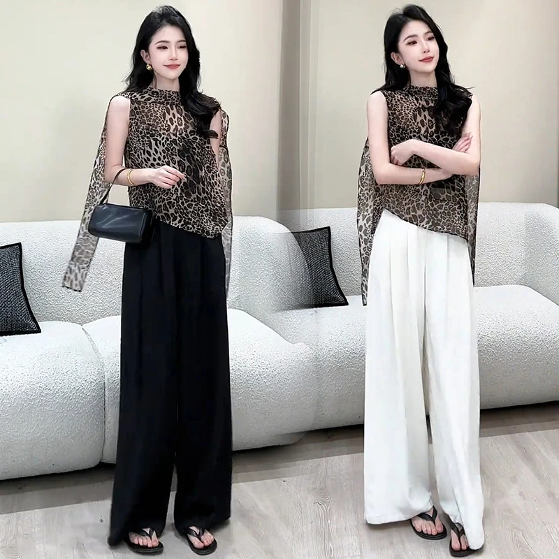时尚套装女2025夏季新款洋气显瘦豹纹无袖衬衫阔腿裤气质两件套潮