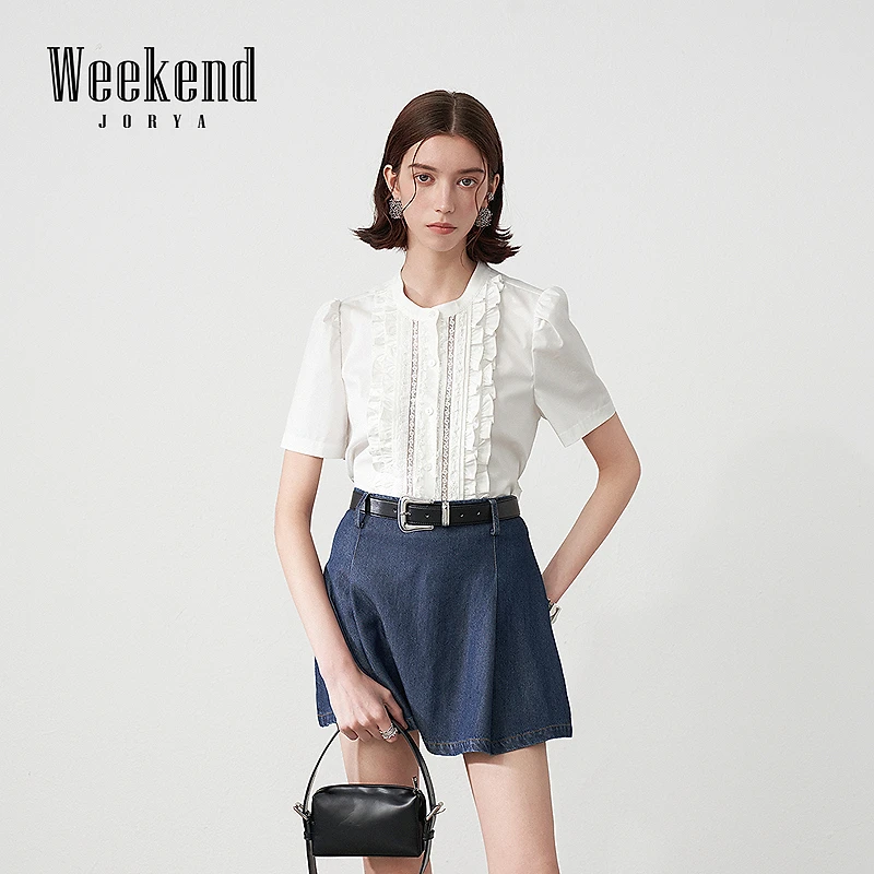 【商场同款】卓雅周末25夏新款法式浪漫截短花边短袖衬衫R220965A