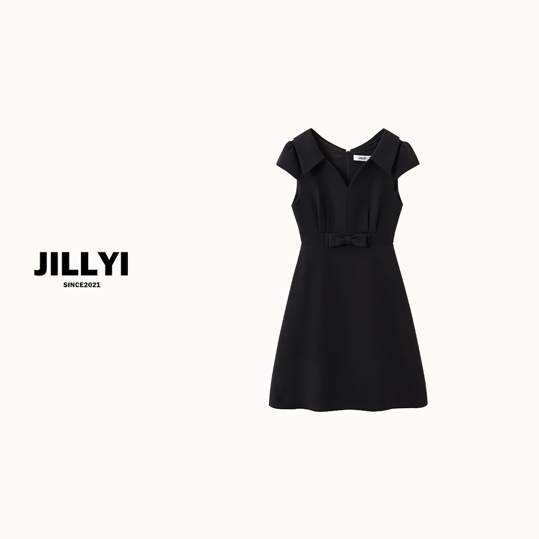 jillyi【优雅小姐】夏季显瘦气质时尚收腰黑色设计感翻领无袖连衣裙