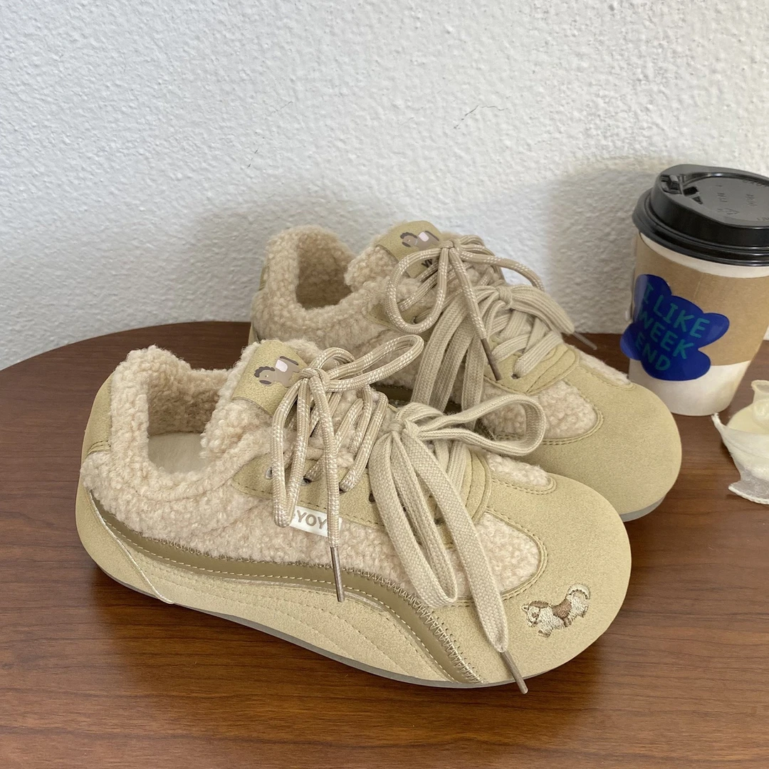 卡其色丑萌大头加绒德训鞋女2025冬季新款芒果头软底舒适阿甘潮鞋