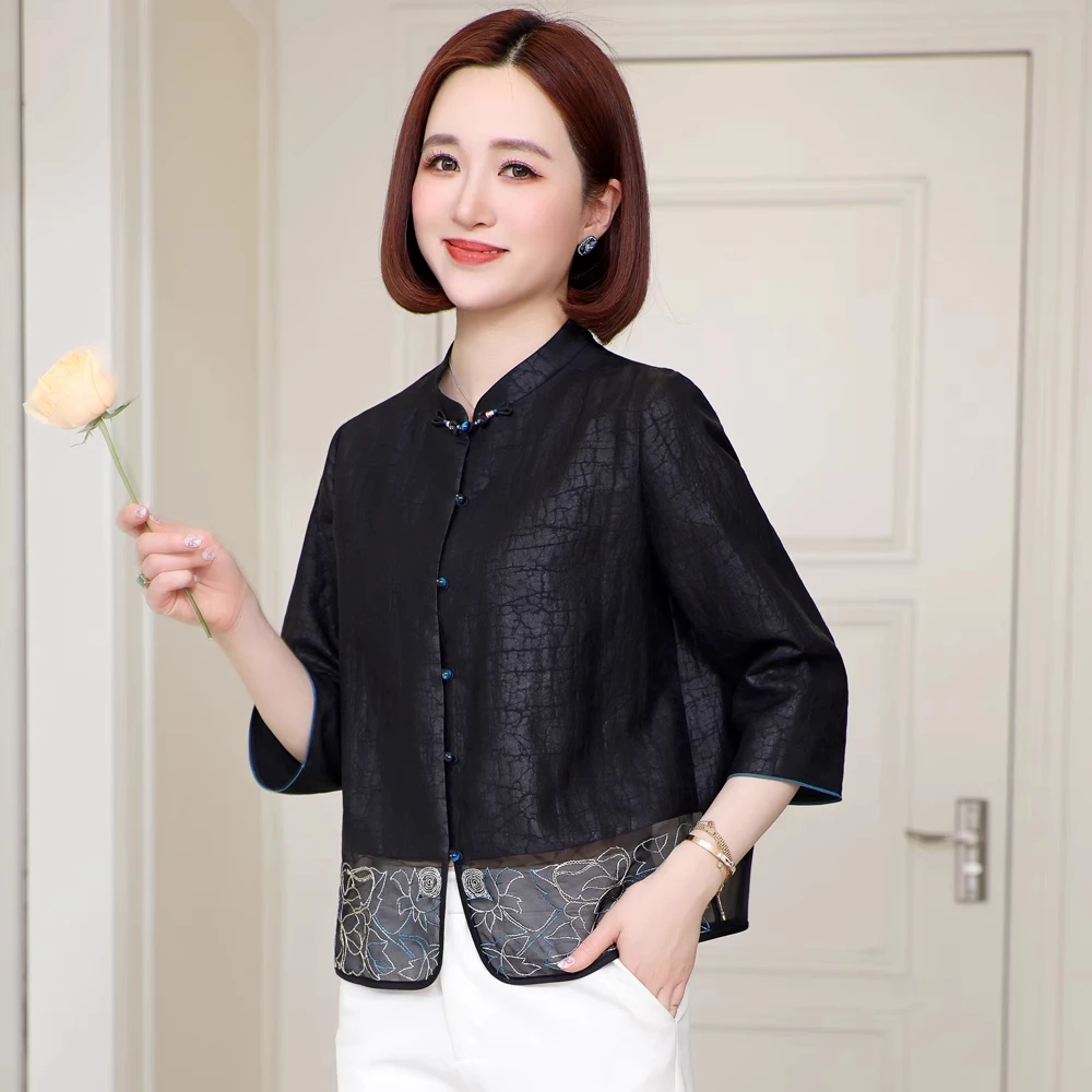 真丝香云纱上衣女夏2025新款国风改良唐装外套七分袖桑蚕丝妈妈装