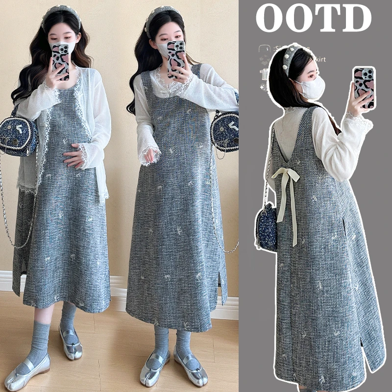 2024孕妇小香风蝴蝶结粗布花呢背心裙蕾丝套装春秋显瘦针织时尚