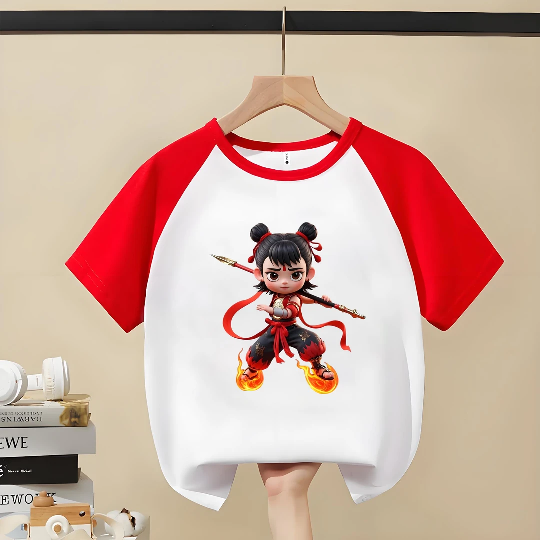 风火轮战斗哪吒  趣味文字t恤 喜居麦圆领纯棉短袖儿童出游夏季