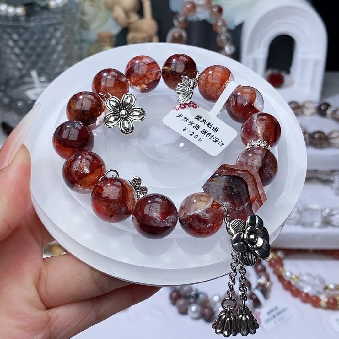 水晶手链未镶嵌新品 牛血红胶花
