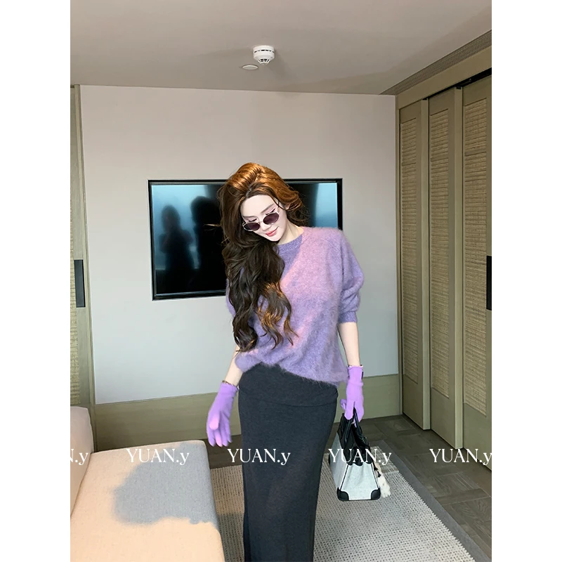 媛媛【风吹麦浪】紫色圆领毛衣女秋冬慵懒感软糯圣诞氛围上衣#M0625