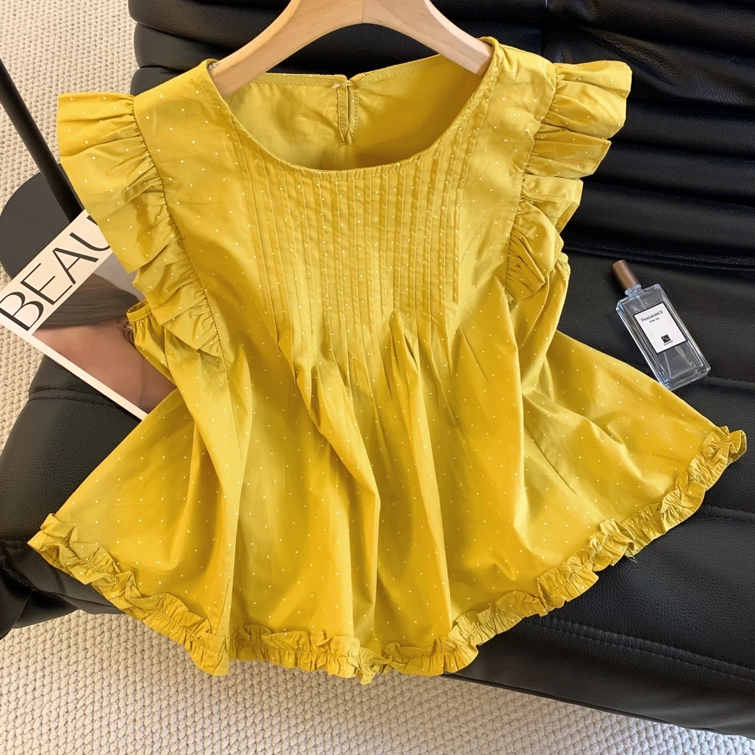 法式小飞袖黄色波点衬衫女夏季压褶裙摆娃娃衫茶里茶气小飞袖上衣
