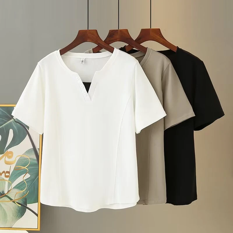 2025新款夏季三色纯棉简约百搭大码气质三色他t休闲白色夏装纯色