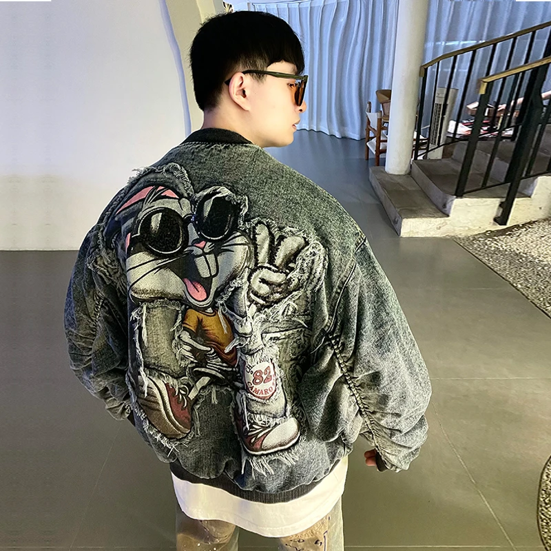 重工卡通兔八哥刺绣牛仔外套男女美式复古宽松设计感夹克棒球服潮