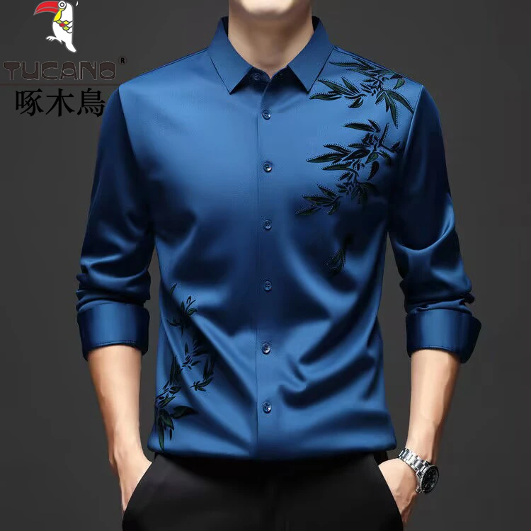 啄木鸟高档男士春秋薄款新款商务休闲无痕免烫潮流百搭长袖衬衫