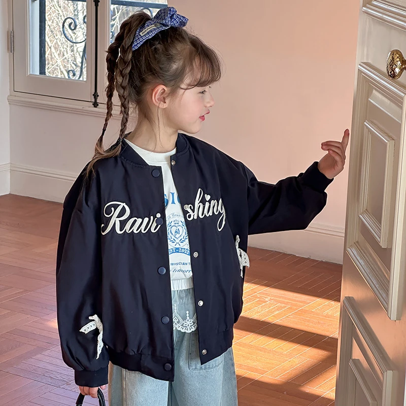 【春季新品】女童设计感夹克立体蝴蝶结休闲字母棒球服外套25A053