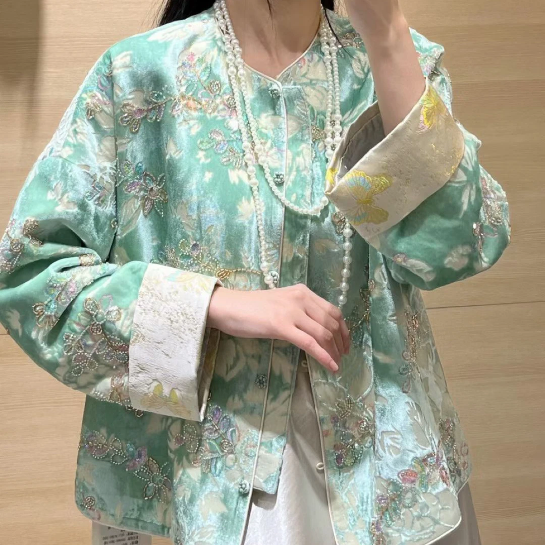 深圳高品质秋冬真丝丝绒烧花重工艺新中式加棉外套
