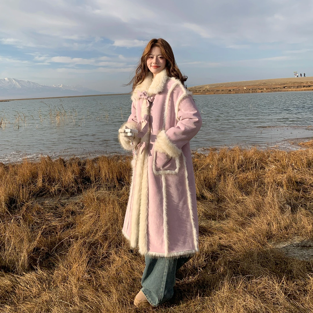 粉色中长款皮毛一羊羔毛厚外套女秋冬季超火好看加绒派克棉服大衣