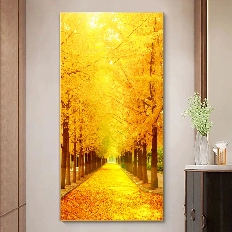 黄金大道发财树玄关装饰画过道走廊入户竖版新中式招财摇钱树挂画