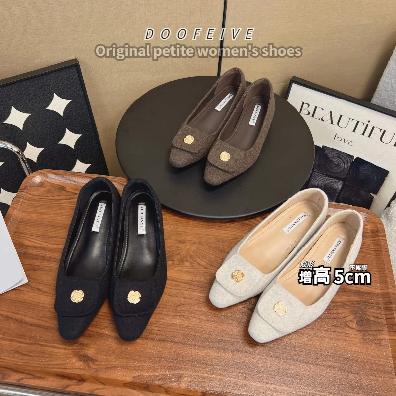 朵菲雯DOOFEIVE~复古秋冬款绒面山茶花单鞋浅口百搭显瘦平底鞋女