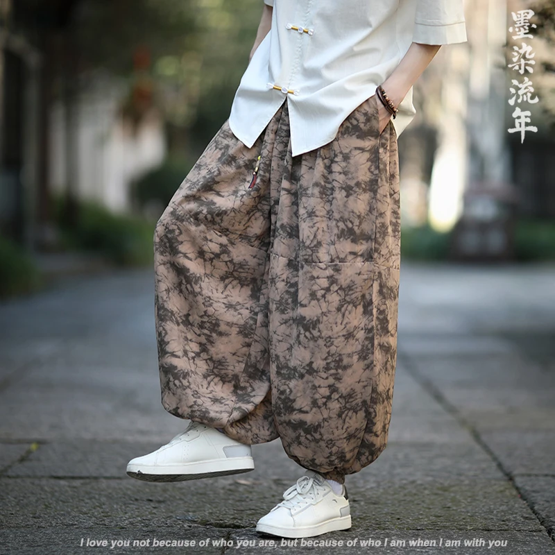 新中式2025春夏男士休闲裤宽松大码冰丝阔腿裤潮流国风印花灯笼裤