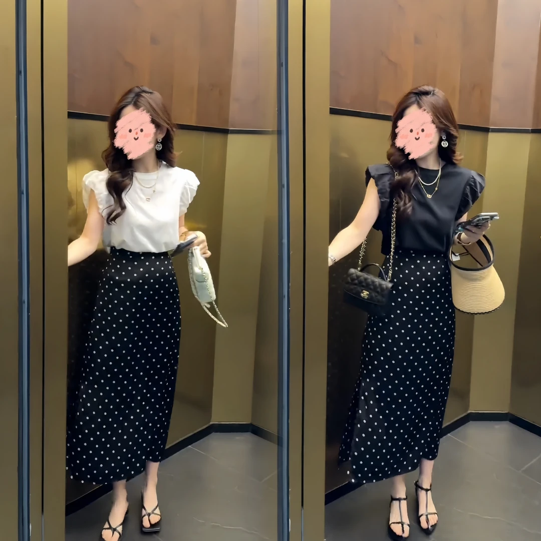 法式褶皱飞飞袖T恤女夏季新款设计感后背镂空短袖上衣+波点半身裙