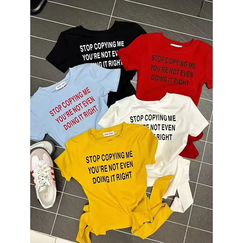 广州十三行女装韩国欧货字母印花系带正肩短袖t恤女修身