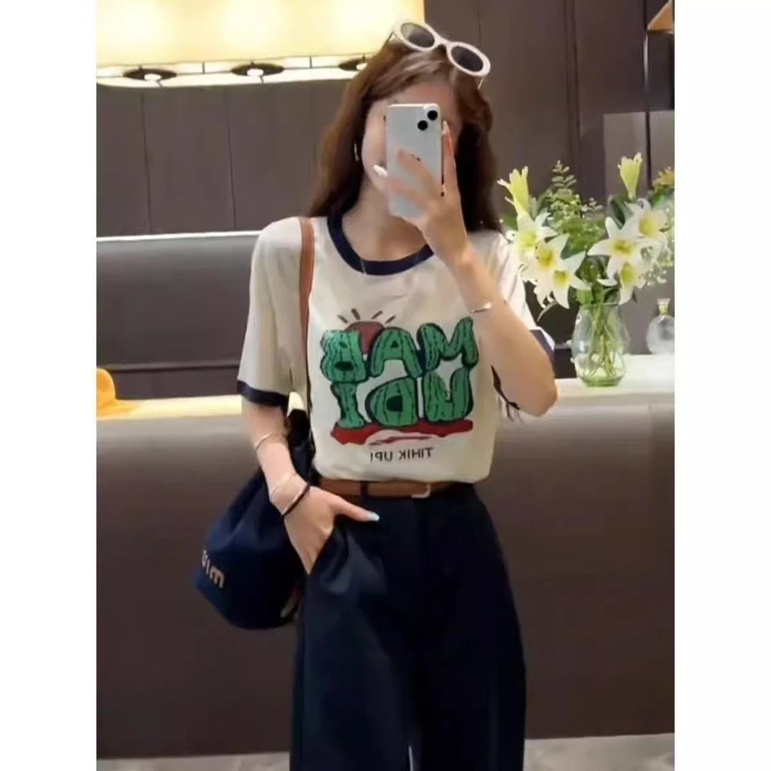 2025新款字母刺绣短袖针织T恤女夏小衫减龄撞色时尚百搭上衣