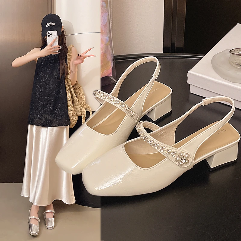 包头中跟凉鞋女2025夏季新款水钻粗跟气质百搭方头一字带玛丽珍鞋