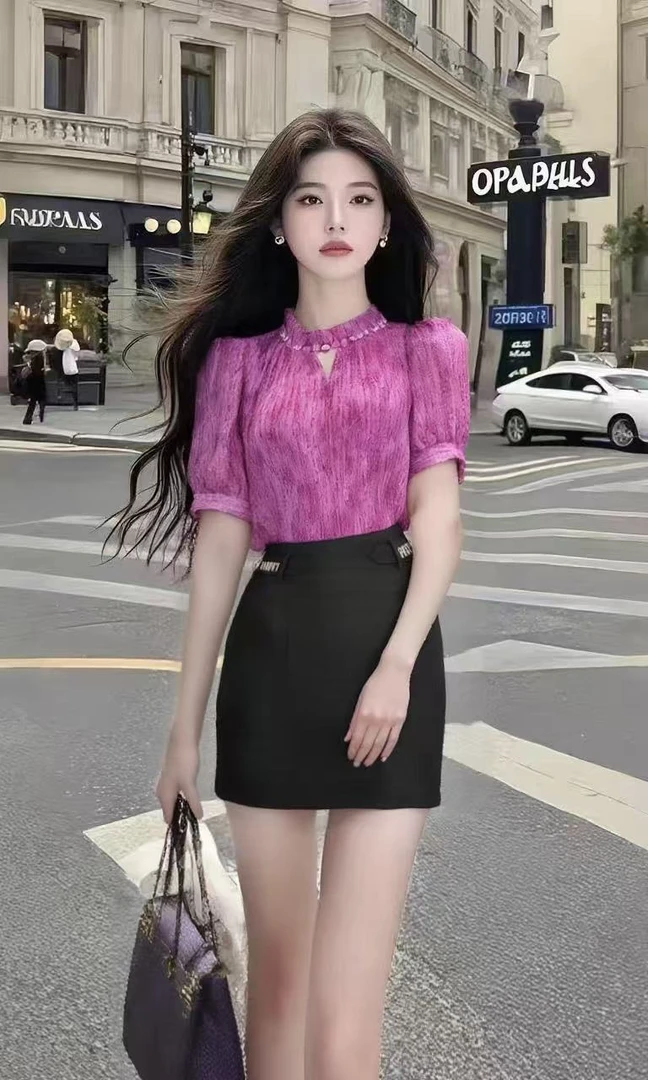 简约休闲通勤风气质穿搭玫红色圆领短袖修身上衣+包臀半身裙套装