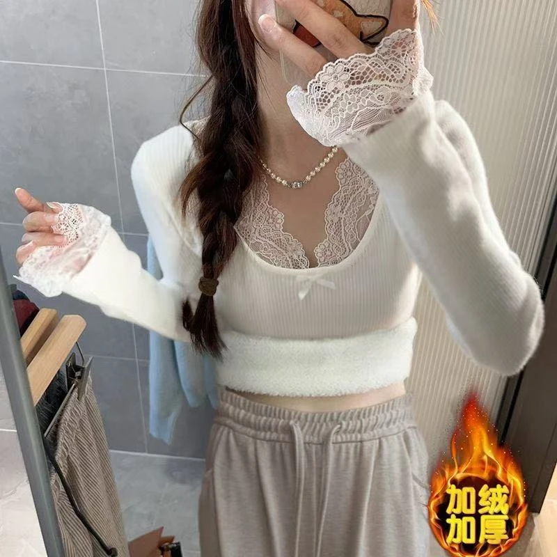加绒加厚辣妹纯欲性感蕾丝拼接长袖针织衫女早秋修身显瘦内搭上衣
