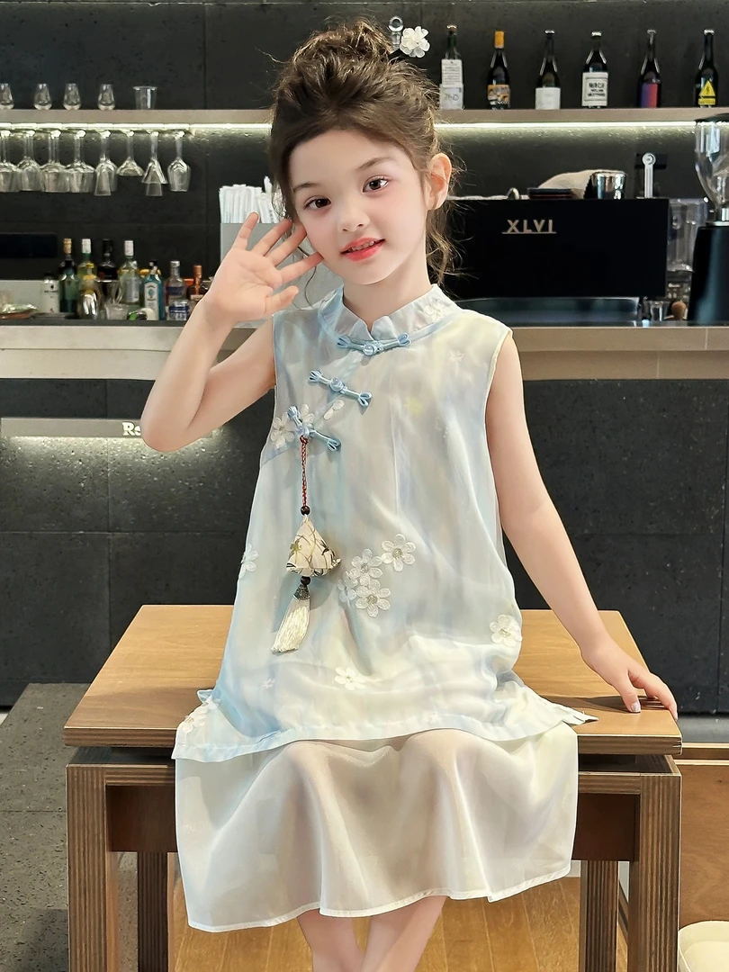 055-沫弛尔女大童夏季花朵旗袍公主小女孩印花古风