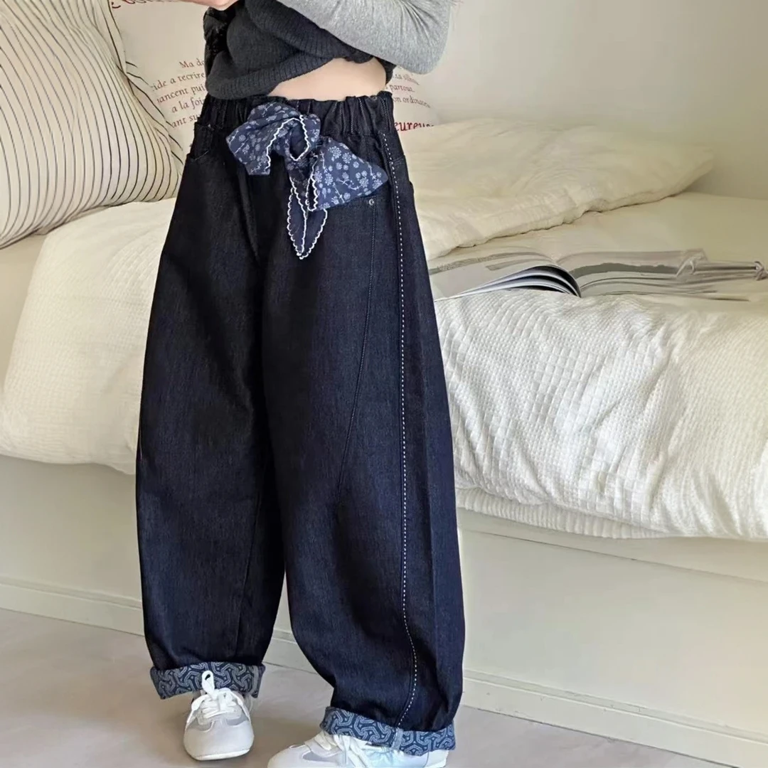 女童牛仔裤秋款2025新款儿童韩版休闲阔腿弯刀裤中大童直筒长裤潮