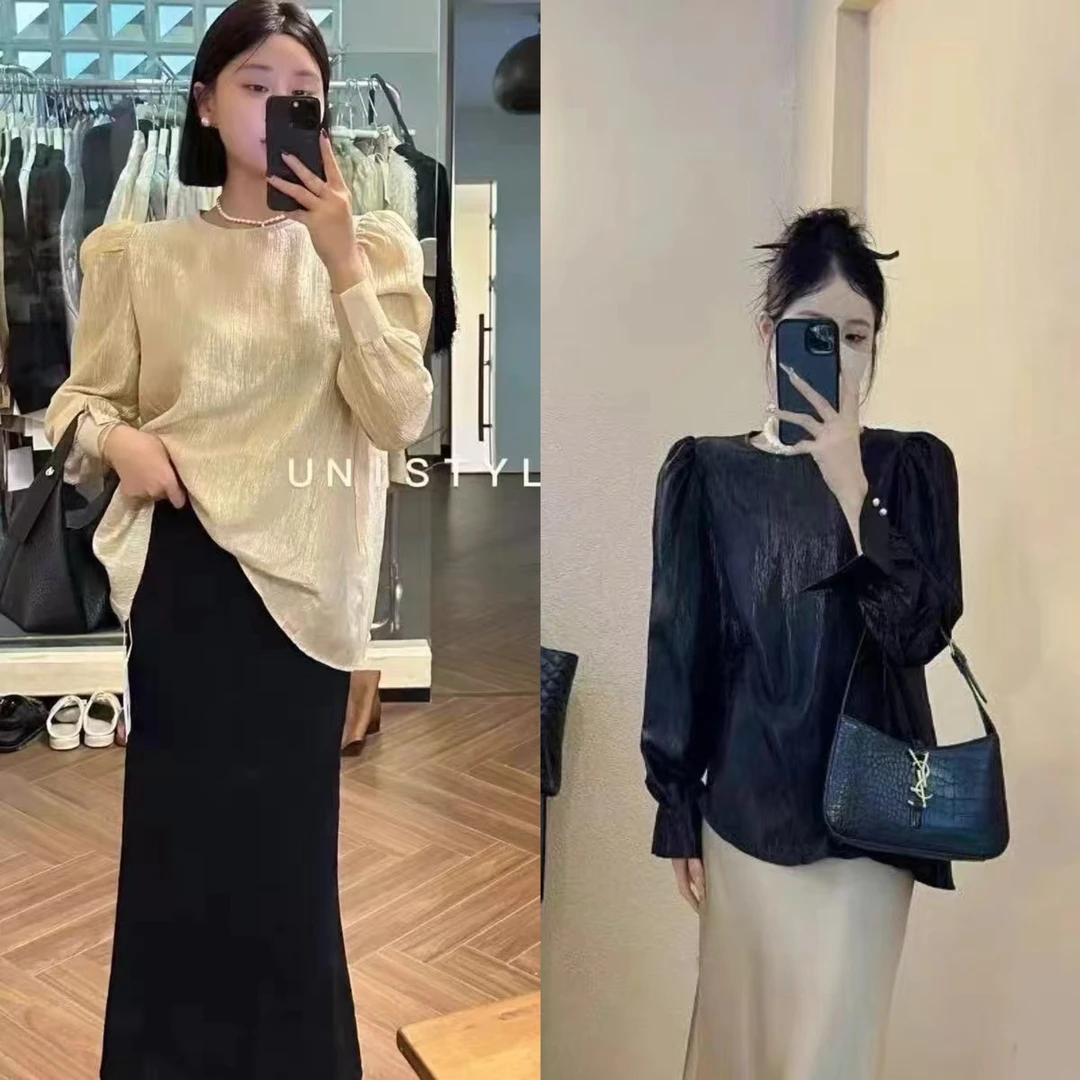 法式简约净版丝光泡泡袖圆领百搭显瘦遮肉衬衫