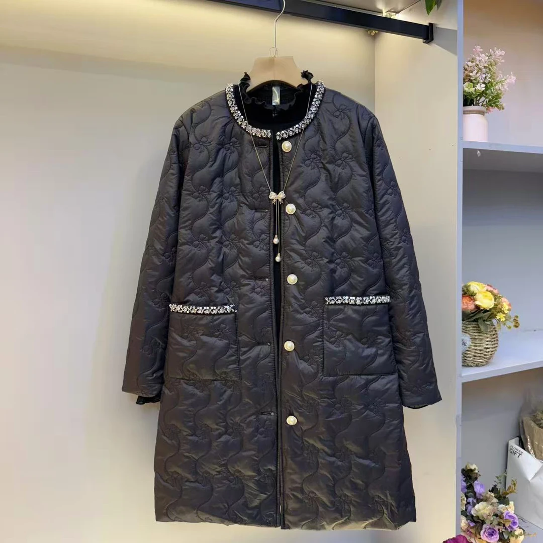 冬季新款小香风刺绣长款宽松加厚保暖过膝大码棉服外套