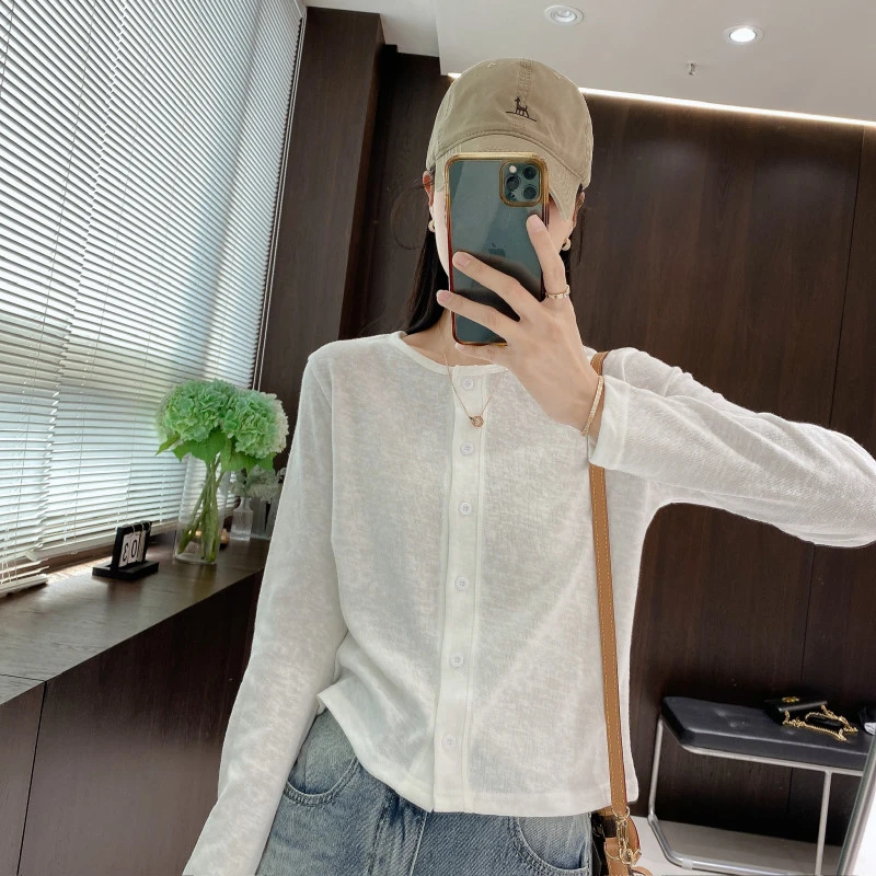 IMFLY金小金自制女装 T恤DYW9081圆领系扣长袖防晒T恤开衫