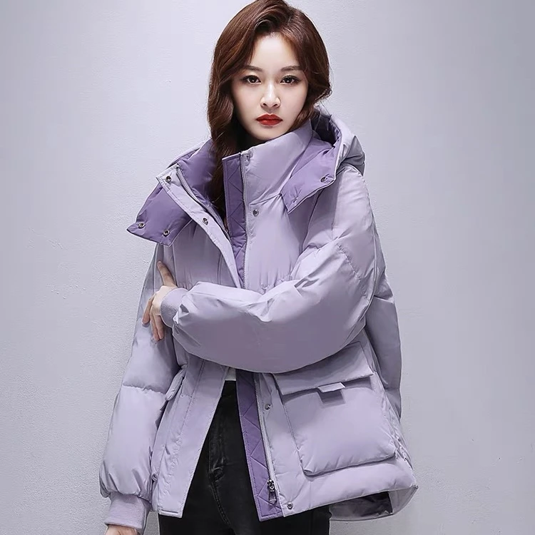 25新品时尚棉服连帽拼色潮流百搭加厚韩版常规短款修身拼接保暖