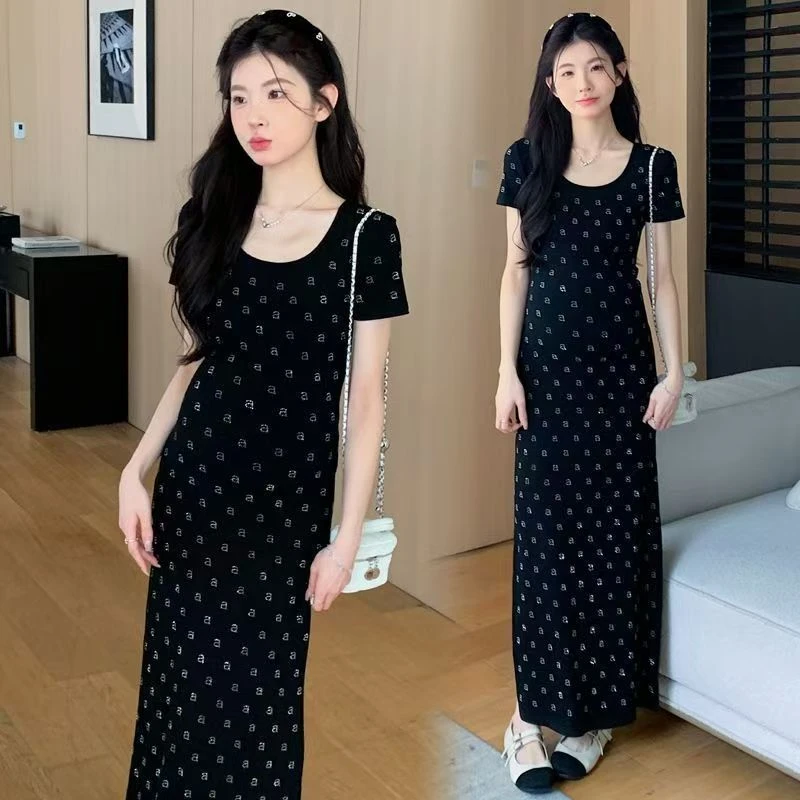 2025年夏季新款纯欲钻钻气质收腰短袖时尚显瘦开叉包臀连衣裙潮流