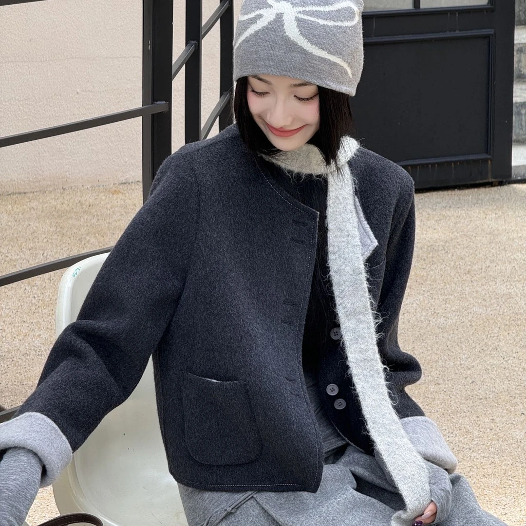 100%双面羊毛大衣小个子外套高品质纯手工制作短款大衣毛呢外套女