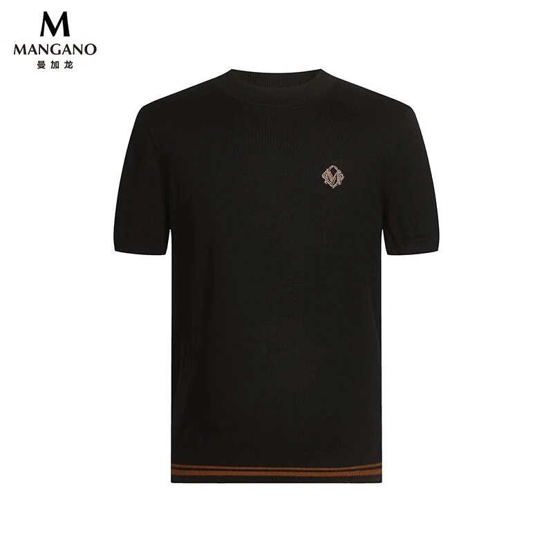 曼加龙男士条纹弹力时尚高级感烫钻针织羊毛衫短袖男t恤7238202