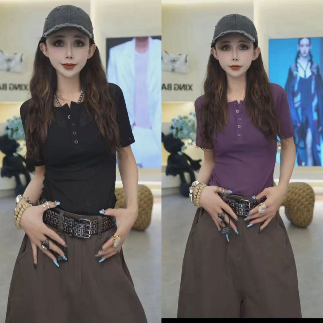 星宝同款高定私服早秋款韩系超好看半开领中袖修身T恤女辣妹