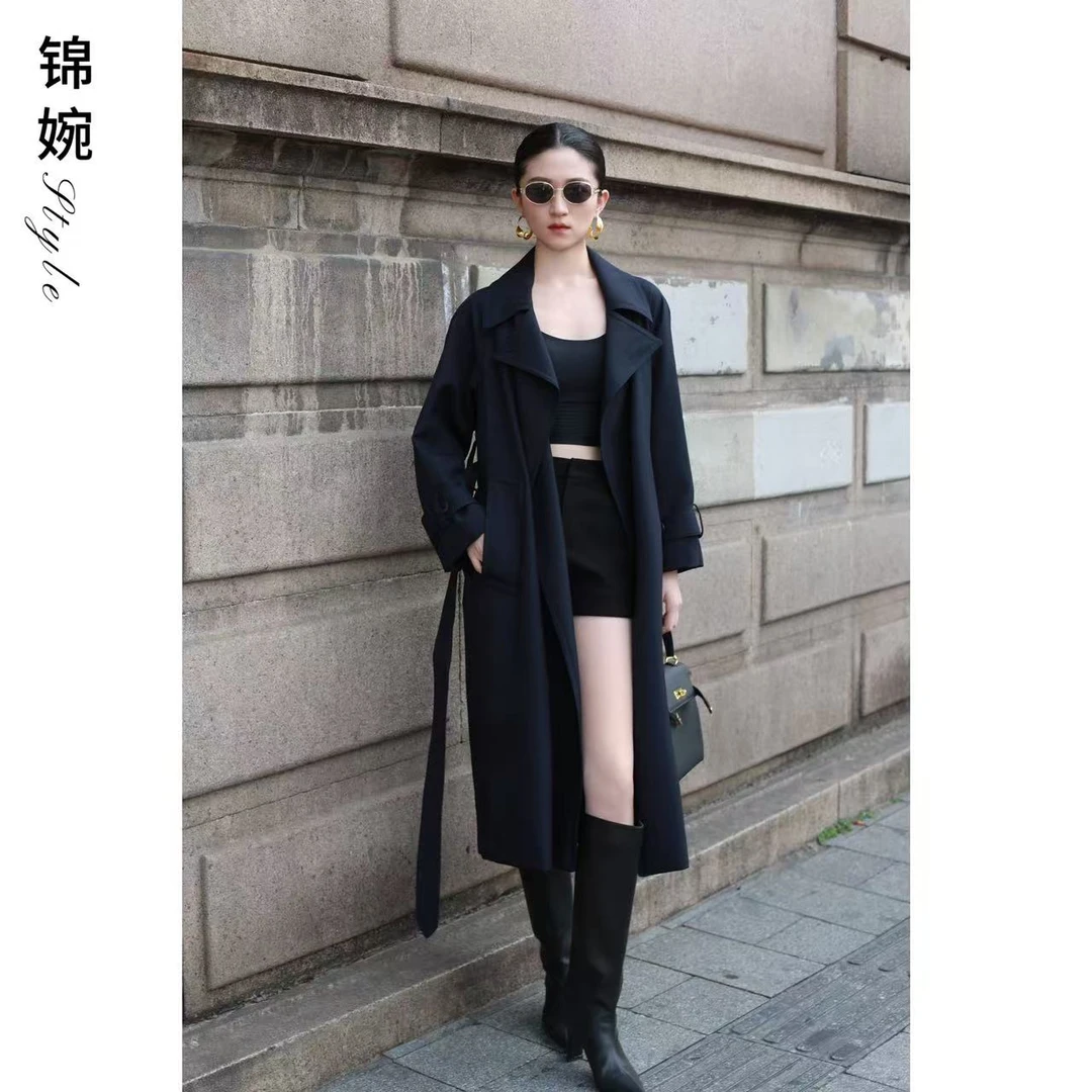 2025新款长袖风衣立领欧美风女装收腰翻领网红女插肩袖气质中长款