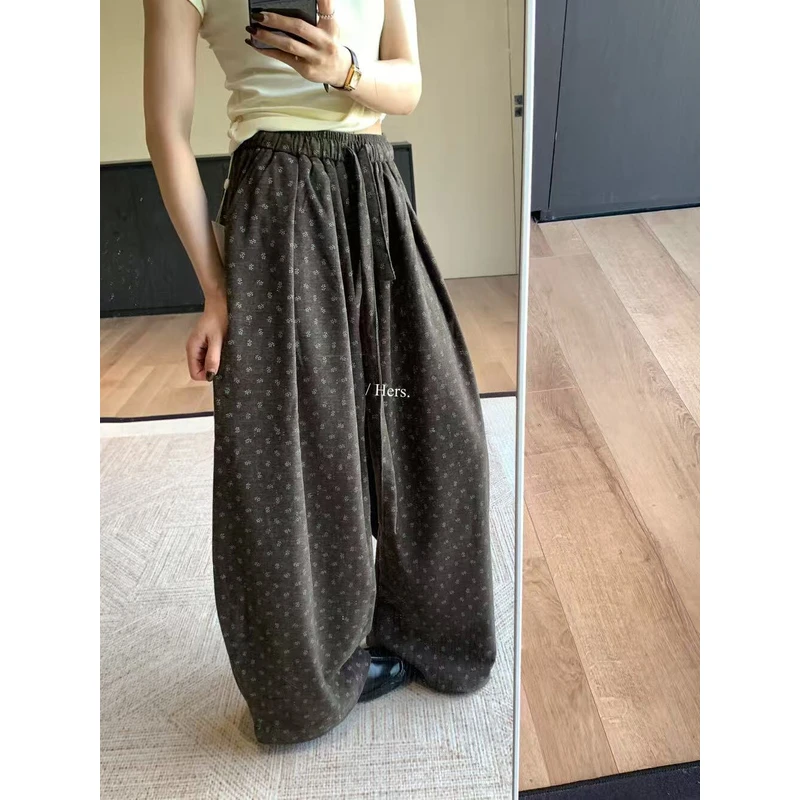 （6-8运贴）“碎花气球裤“穿搭博主感松紧腰系带碎花阔腿休闲裤
