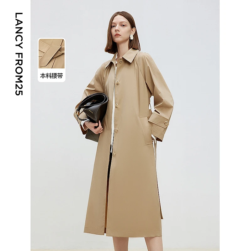 朗姿2025年春季新款英伦风长款风衣外套女卡其色翻领气质复古上衣
